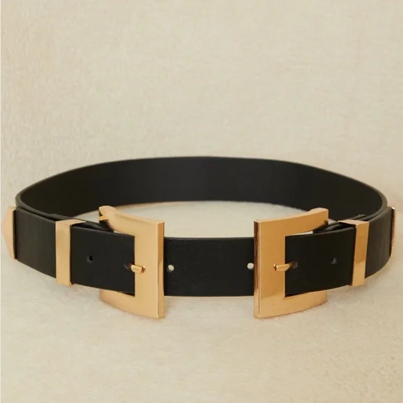 💥SALE💥Black Double Gold Square Buckle Waist Belt - Picture 2 of 2